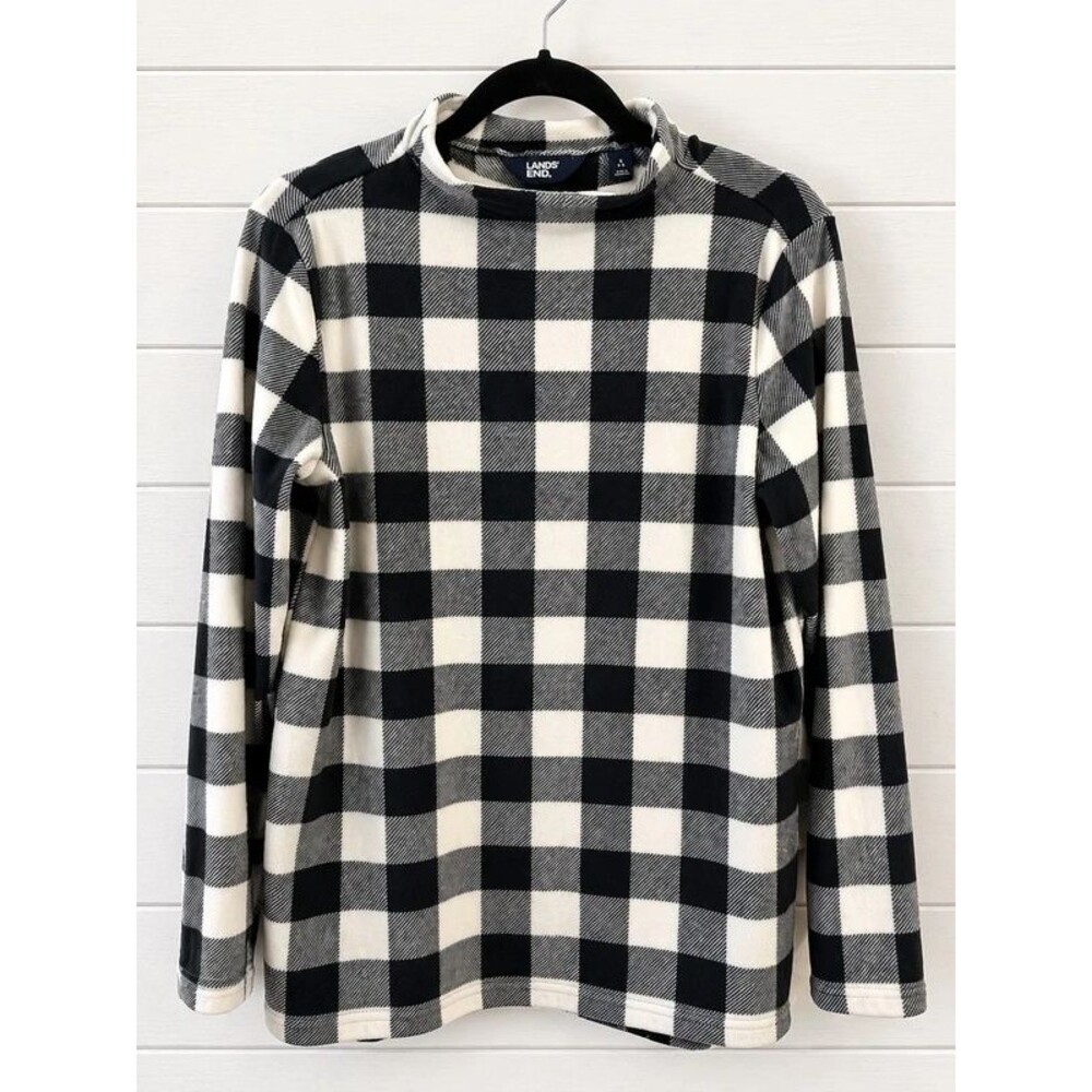 Small Lands’ End Black & White Buffalo Plaid Fleece Tunic Top